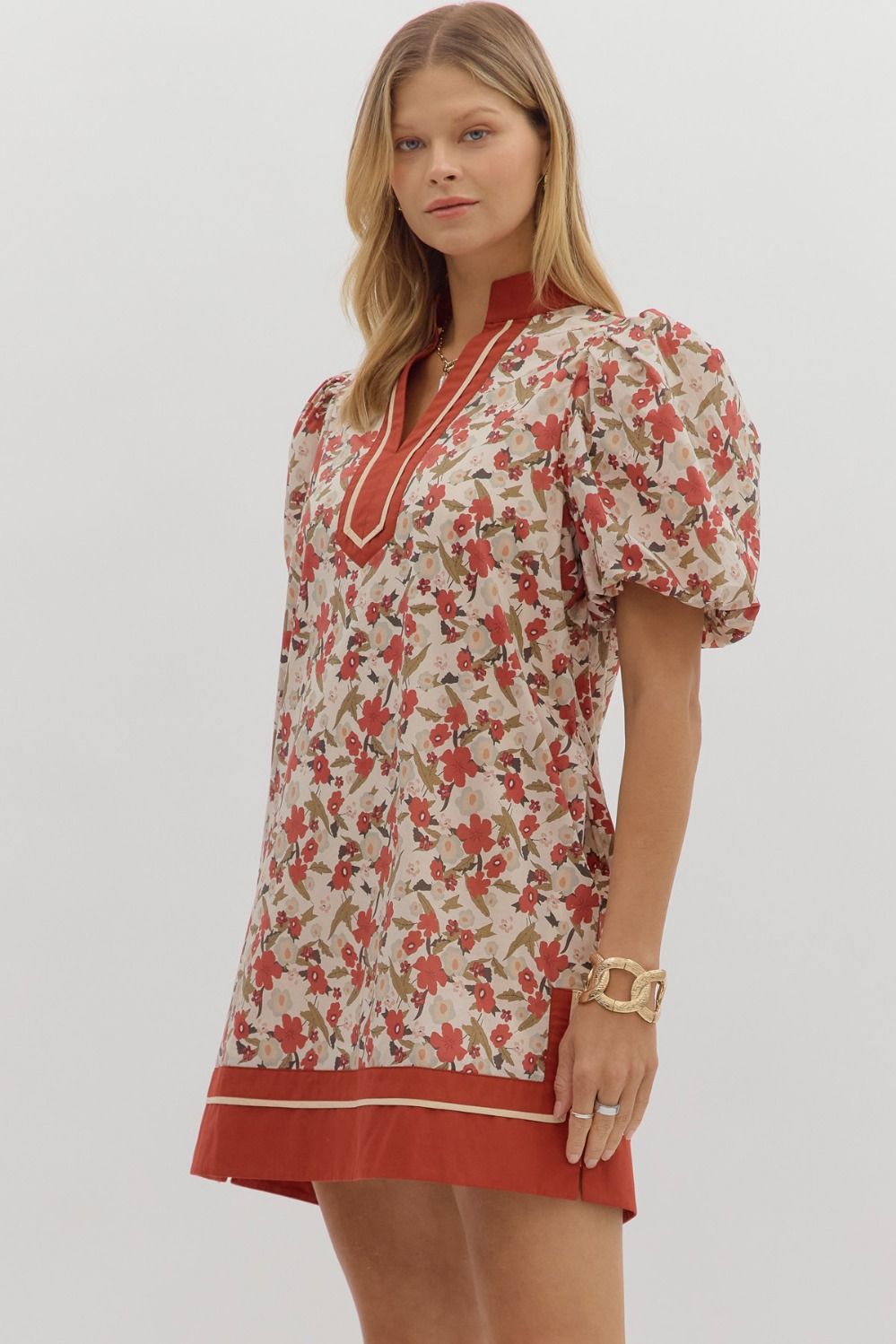 Rust Floral Band Collar Mini Dress By Entro