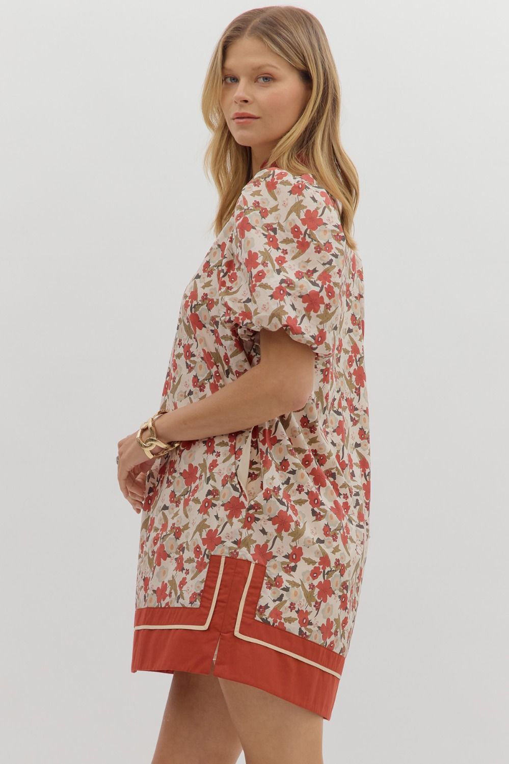 Rust Floral Band Collar Mini Dress By Entro