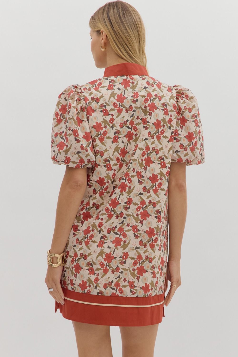 Rust Floral Band Collar Mini Dress By Entro