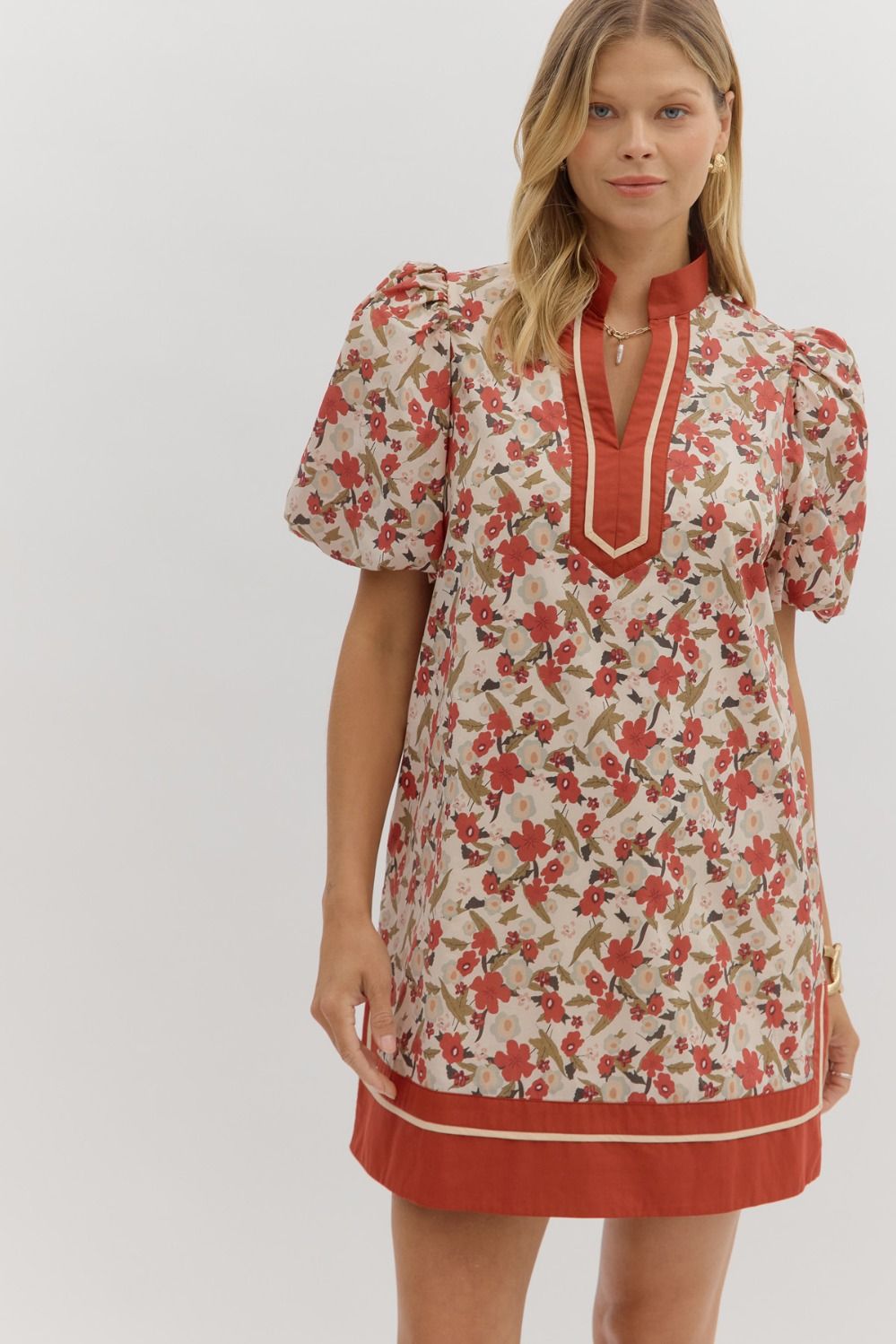 Rust Floral Band Collar Mini Dress By Entro