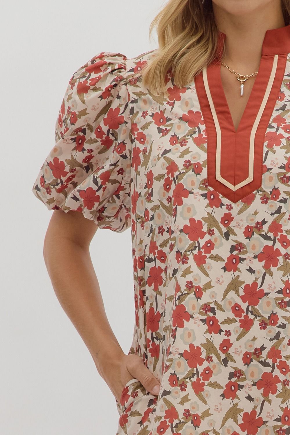 Rust Floral Band Collar Mini Dress By Entro