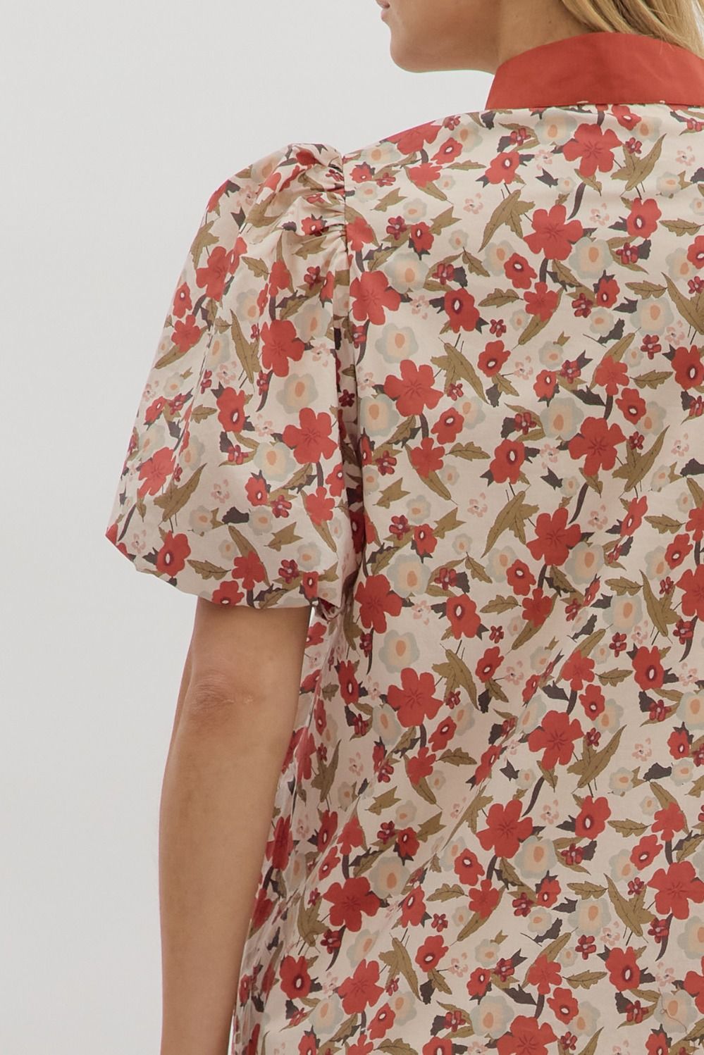 Rust Floral Band Collar Mini Dress By Entro