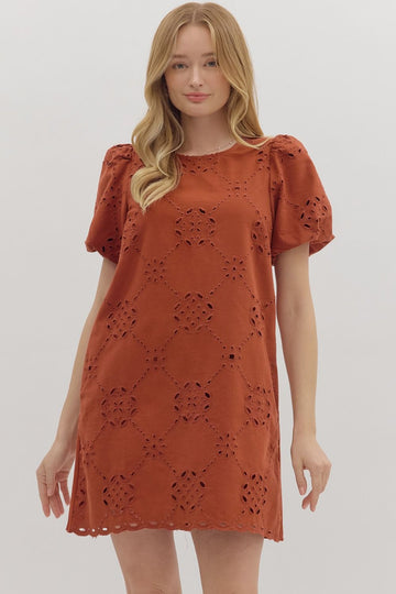 Puff Sleeve Eyelet Mini Dress By Entro