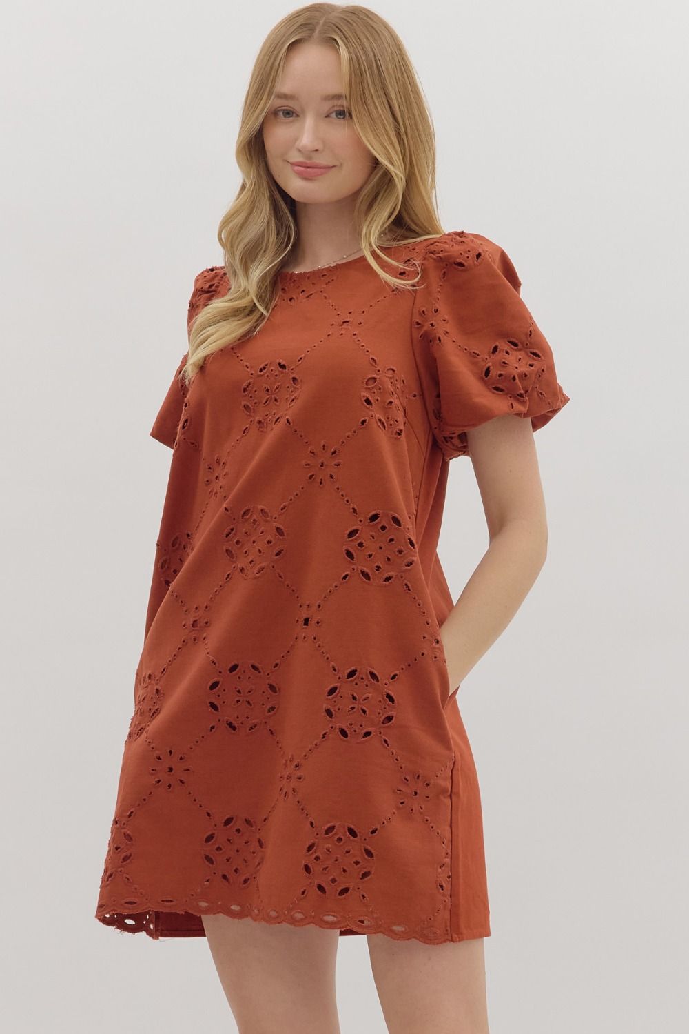 Puff Sleeve Eyelet Mini Dress By Entro