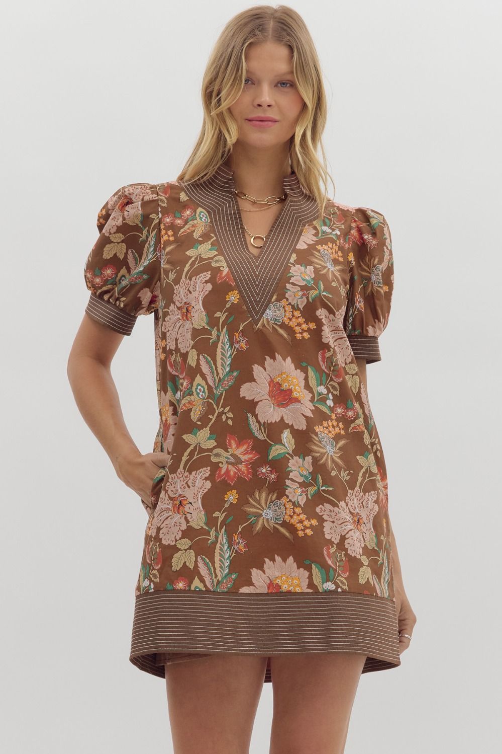 Full Run Floral Print Puff Sleeve Pullover Mini Dress By Entro