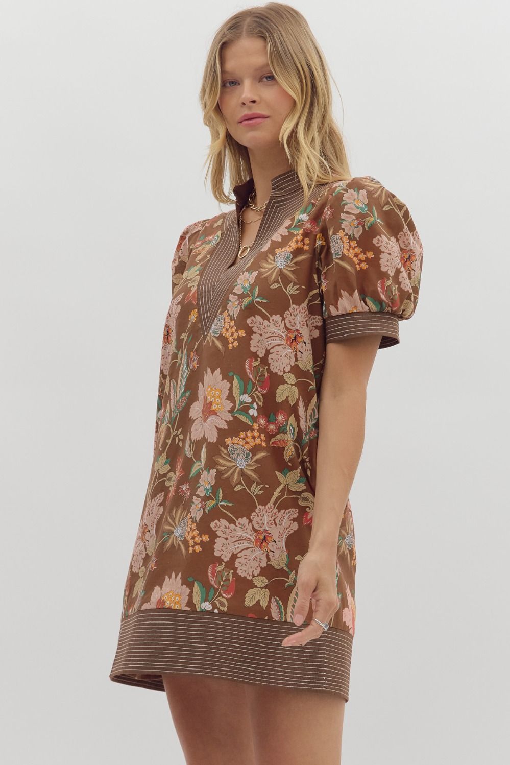 Full Run Floral Print Puff Sleeve Pullover Mini Dress By Entro