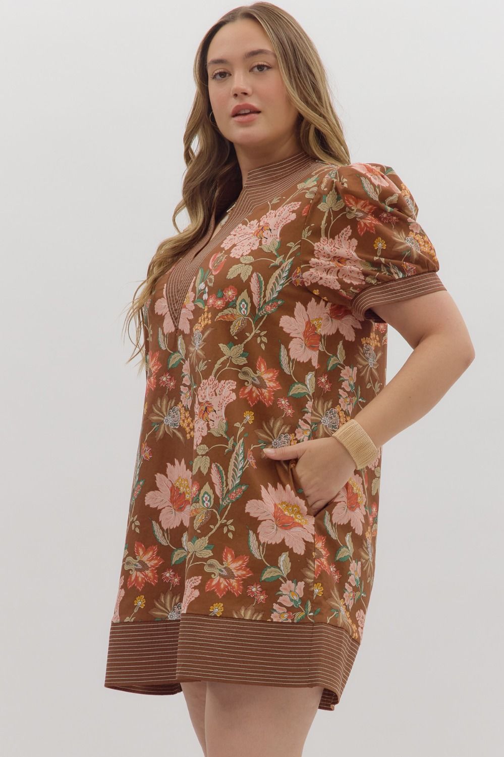 Full Run Floral Print Puff Sleeve Pullover Mini Dress By Entro