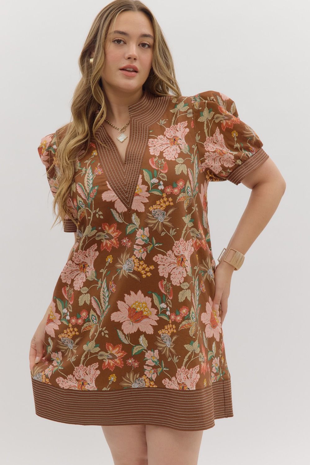 Full Run Floral Print Puff Sleeve Pullover Mini Dress By Entro