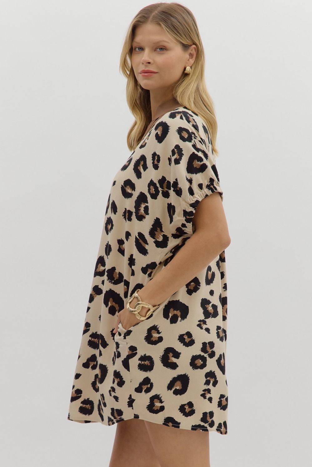 Full Run Leopard Print Dolman Sleeve Mini Dress By Entro