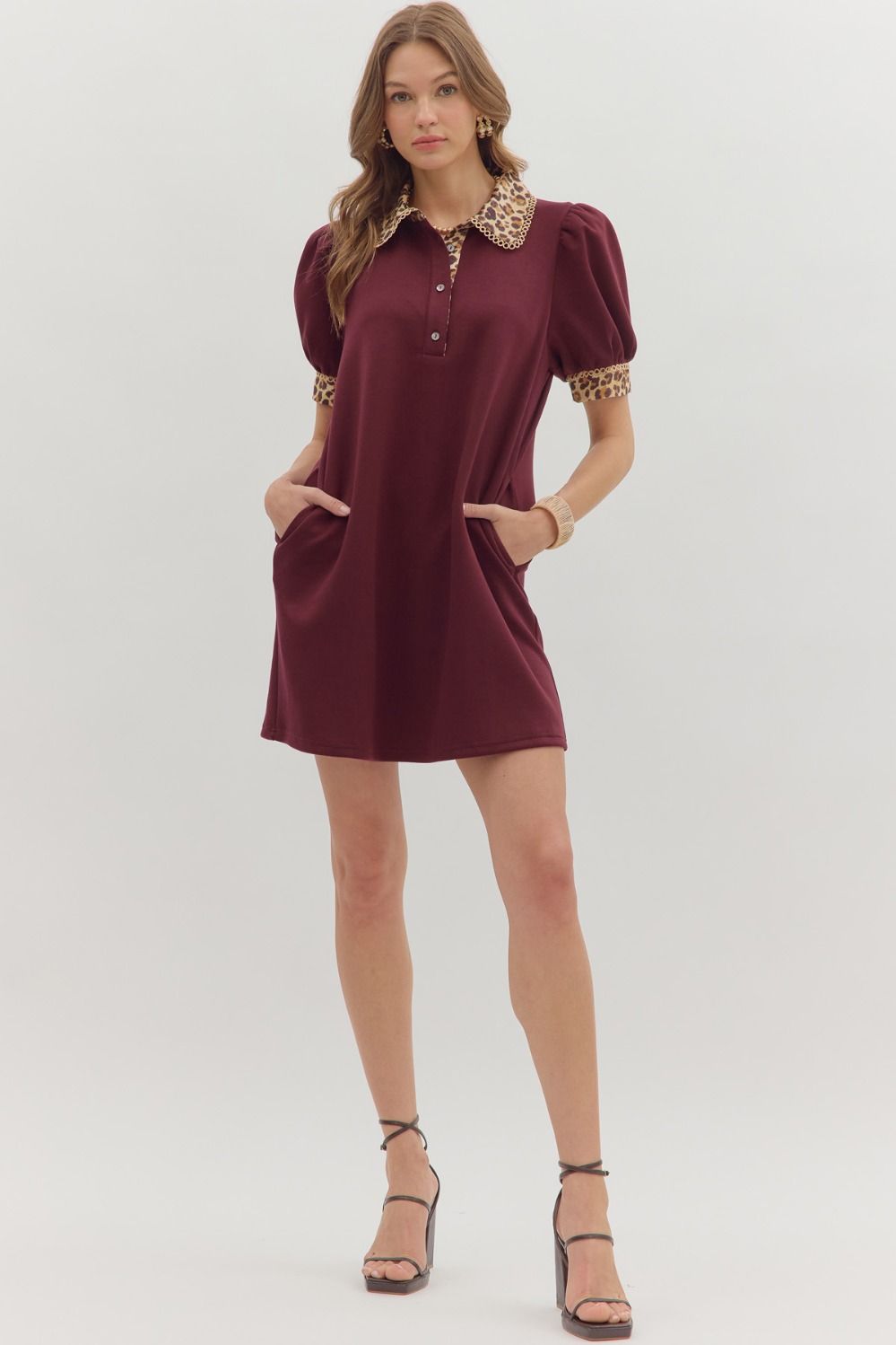 Puff Sleeve Mini Dress W/ Animal Print Accents By Entro