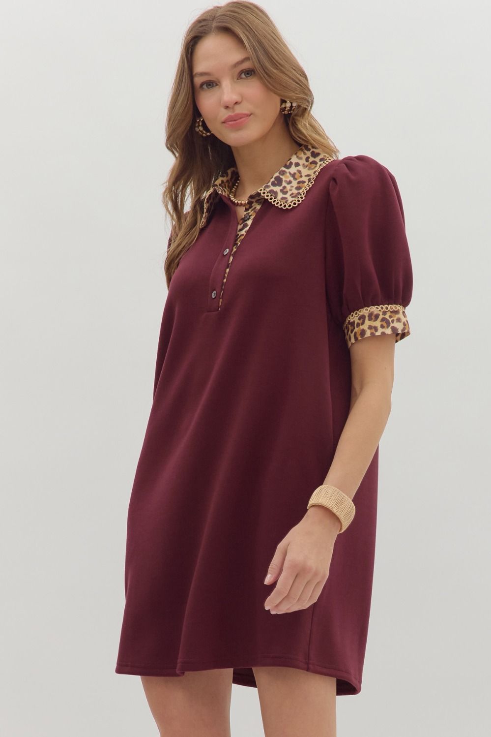 Puff Sleeve Mini Dress W/ Animal Print Accents By Entro