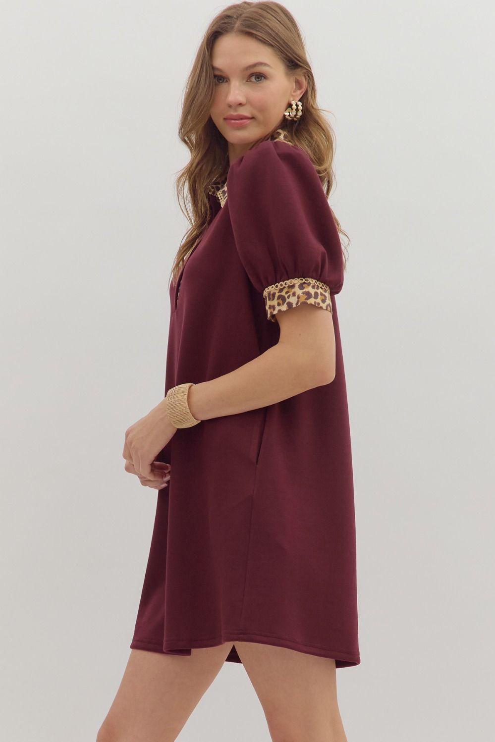 Puff Sleeve Mini Dress W/ Animal Print Accents By Entro