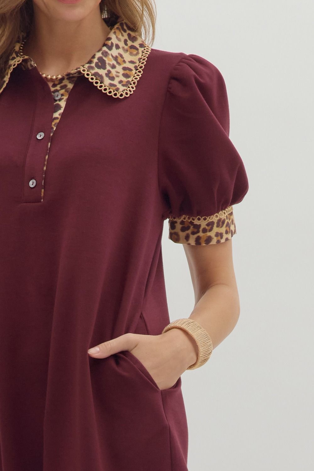 Puff Sleeve Mini Dress W/ Animal Print Accents By Entro