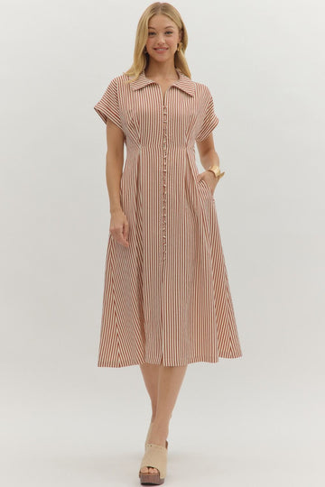 Striped Button Closure Midi Dress By Entro