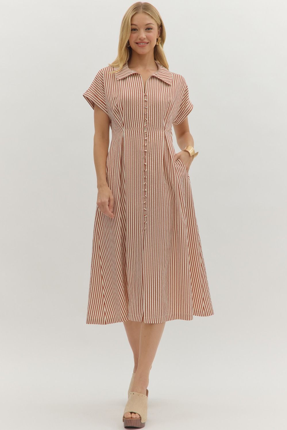 Striped Button Closure Midi Dress By Entro
