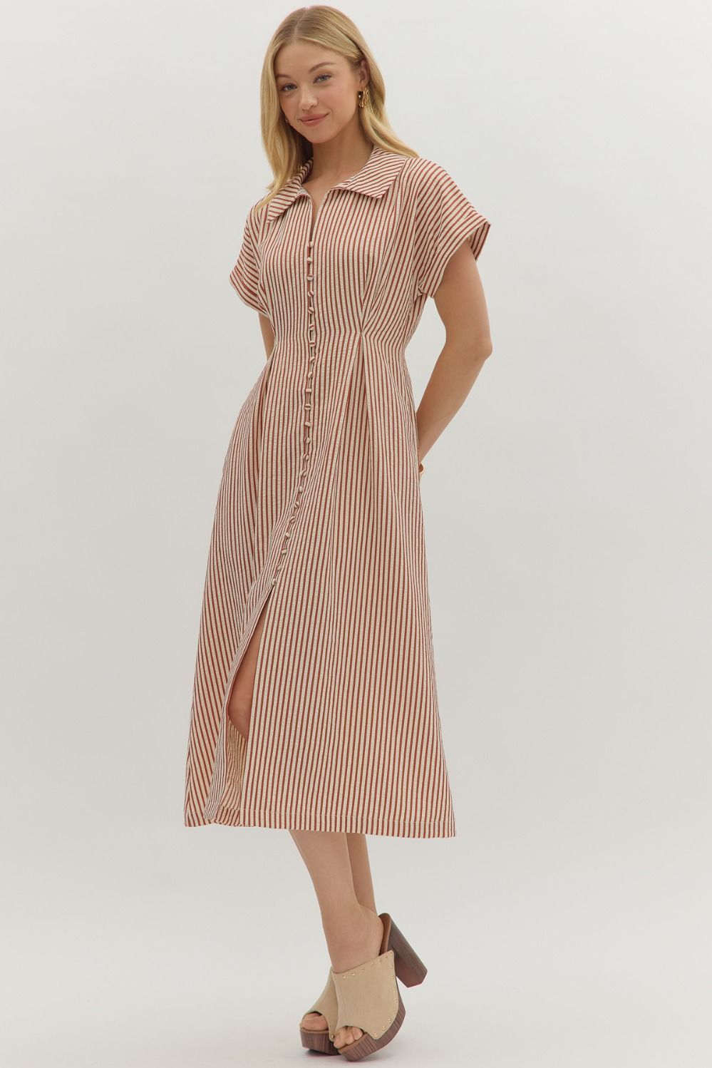 Striped Button Closure Midi Dress By Entro