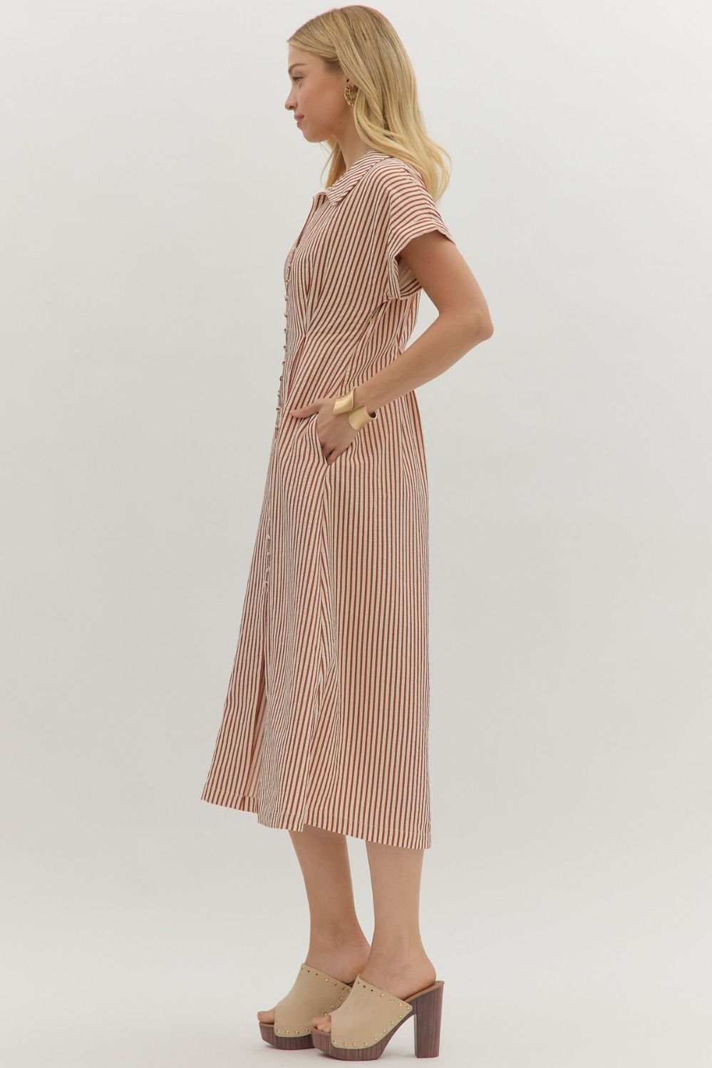 Striped Button Closure Midi Dress By Entro