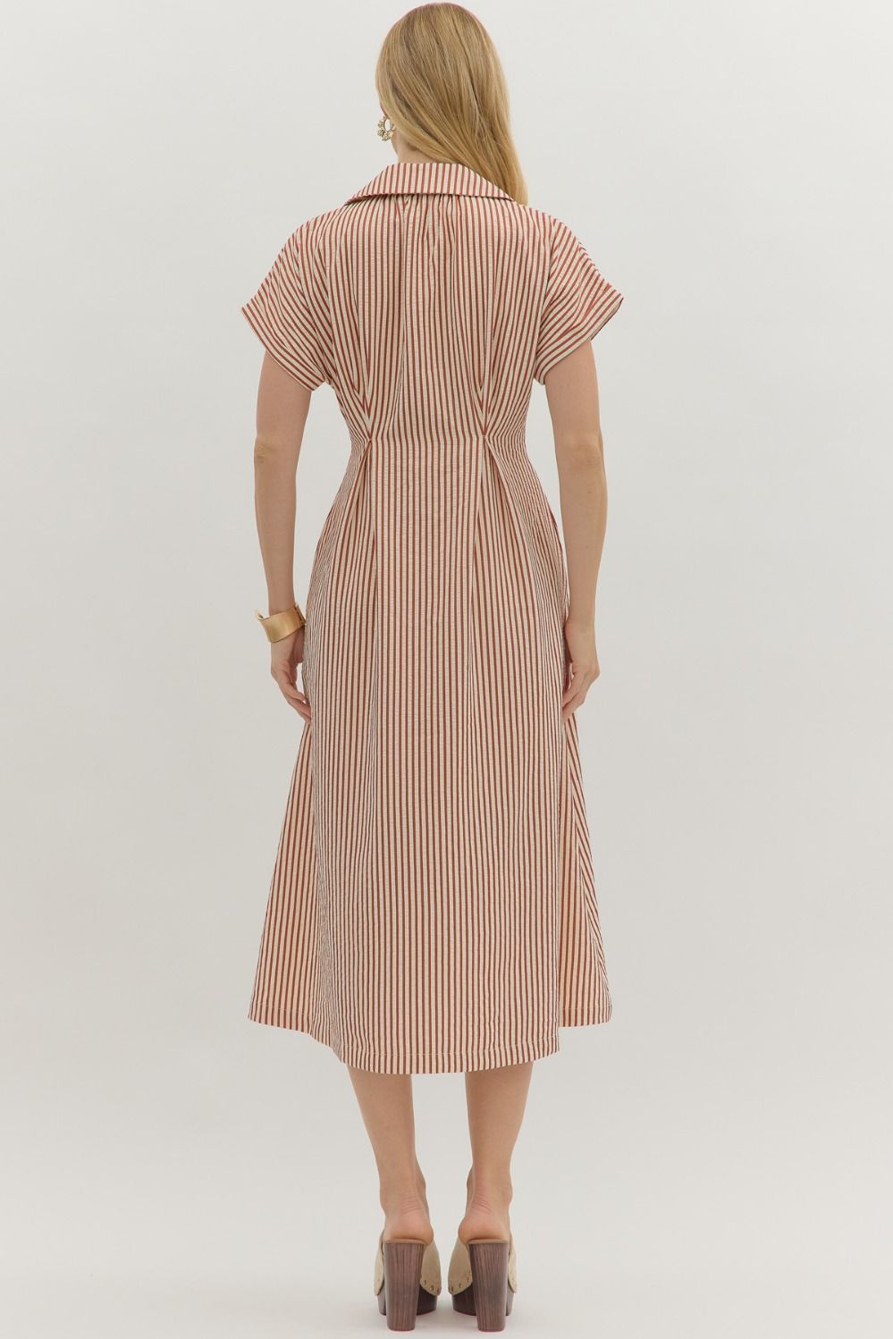 Striped Button Closure Midi Dress By Entro