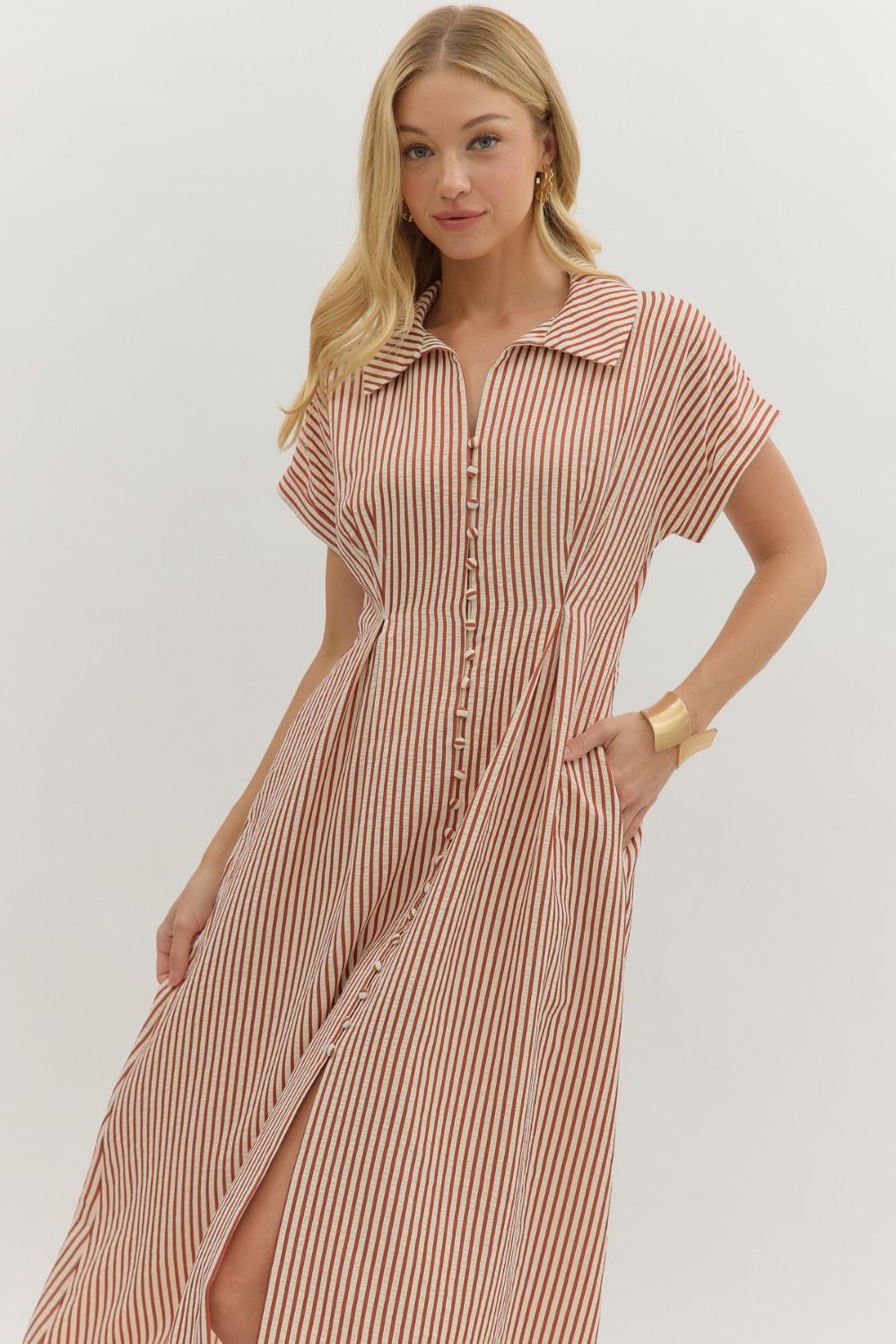 Striped Button Closure Midi Dress By Entro