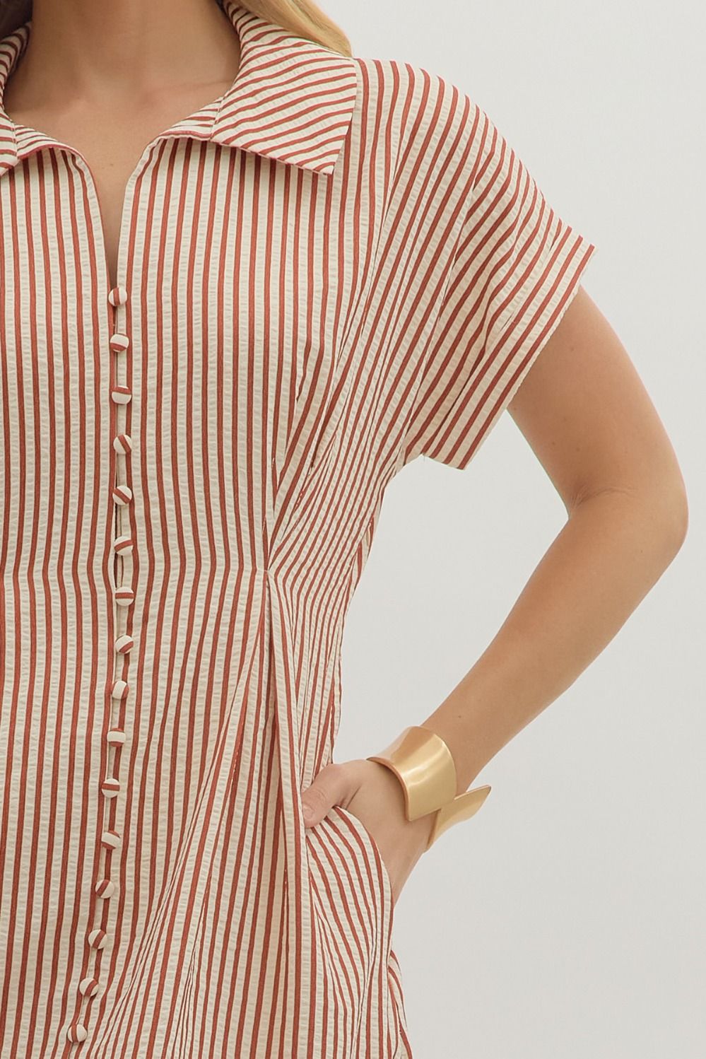 Striped Button Closure Midi Dress By Entro