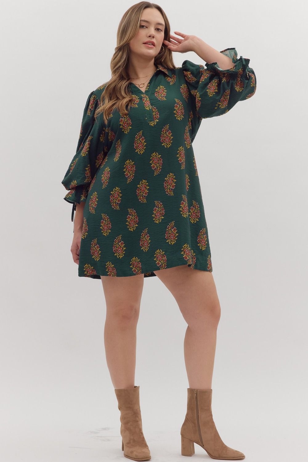 R/D Plus Size Puff Sleeve Mini Dress W/ Back Drawstring Tie