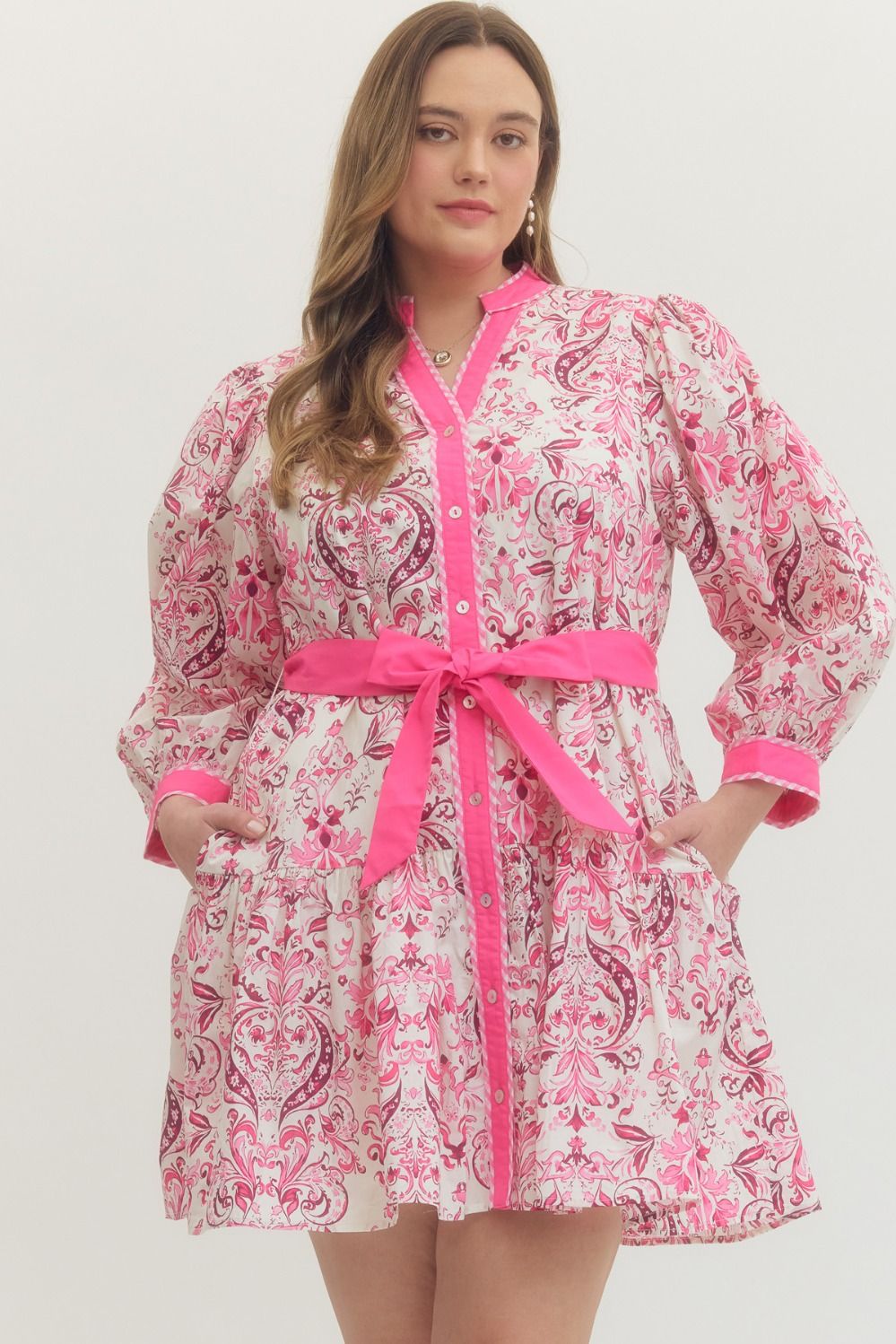 pink printed mini dress puff sleeves