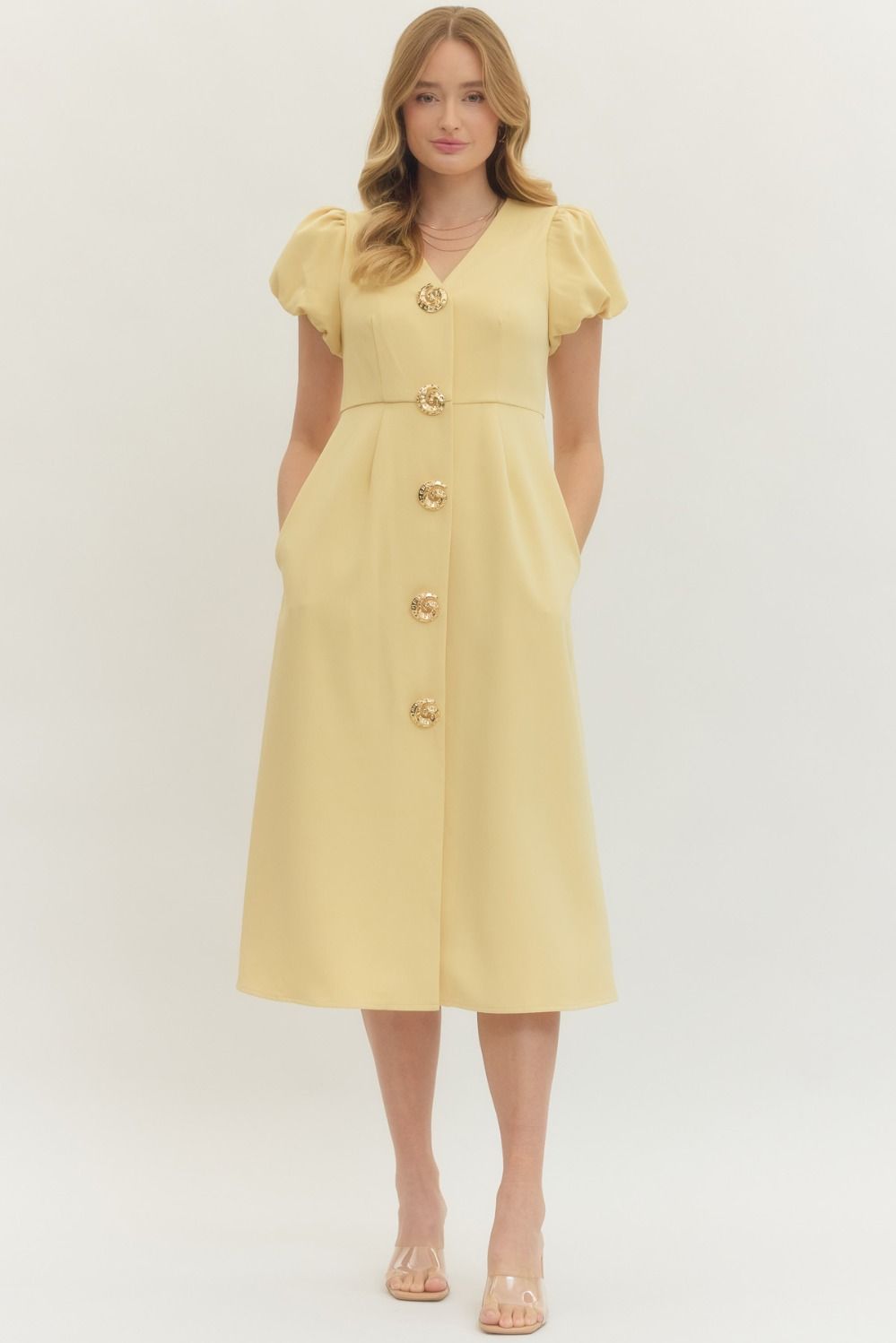 Golden Shell Button Midi Dress By Entro