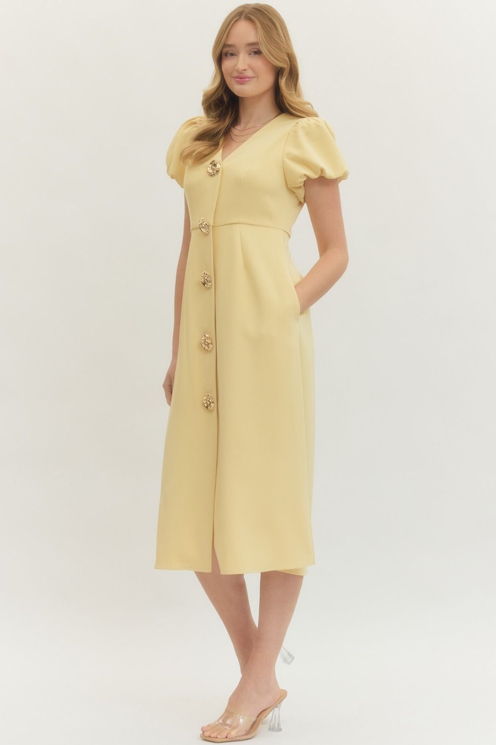 Golden Shell Button Midi Dress By Entro