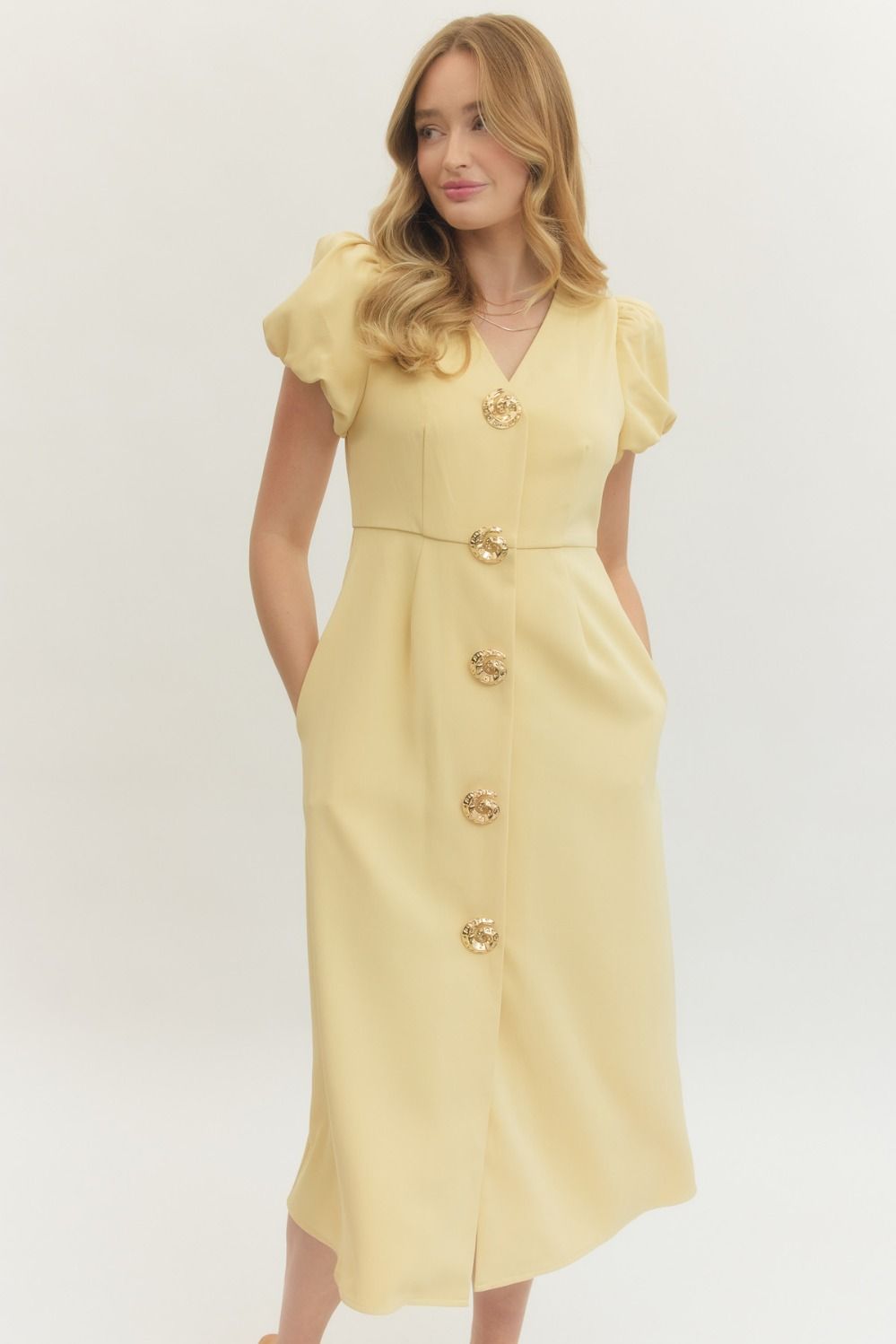 Golden Shell Button Midi Dress By Entro