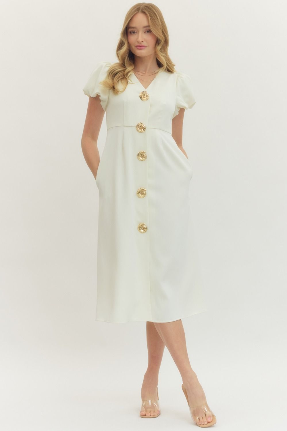 Golden Shell Button Midi Dress By Entro