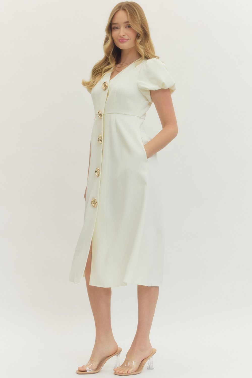 Golden Shell Button Midi Dress By Entro