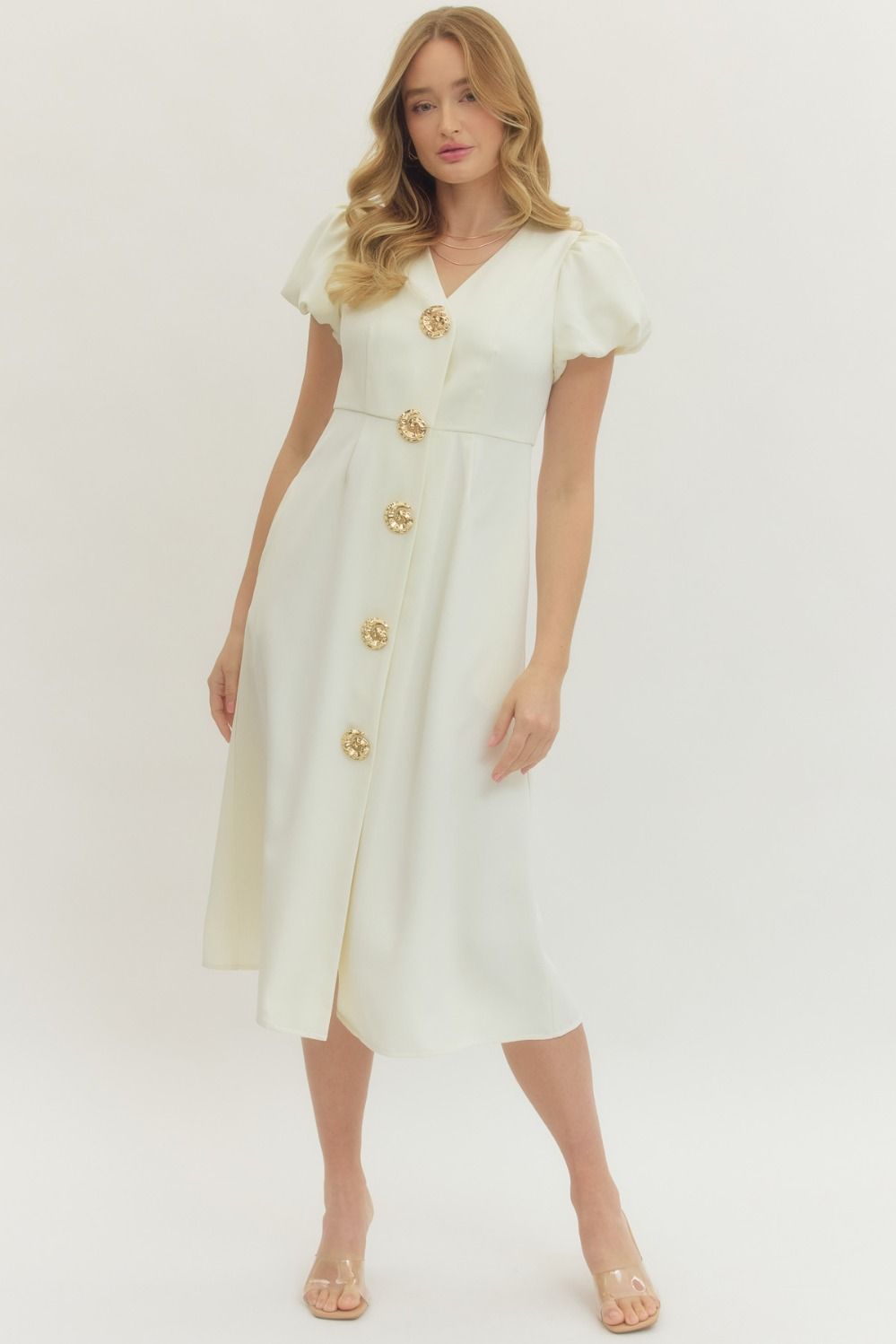 Golden Shell Button Midi Dress By Entro