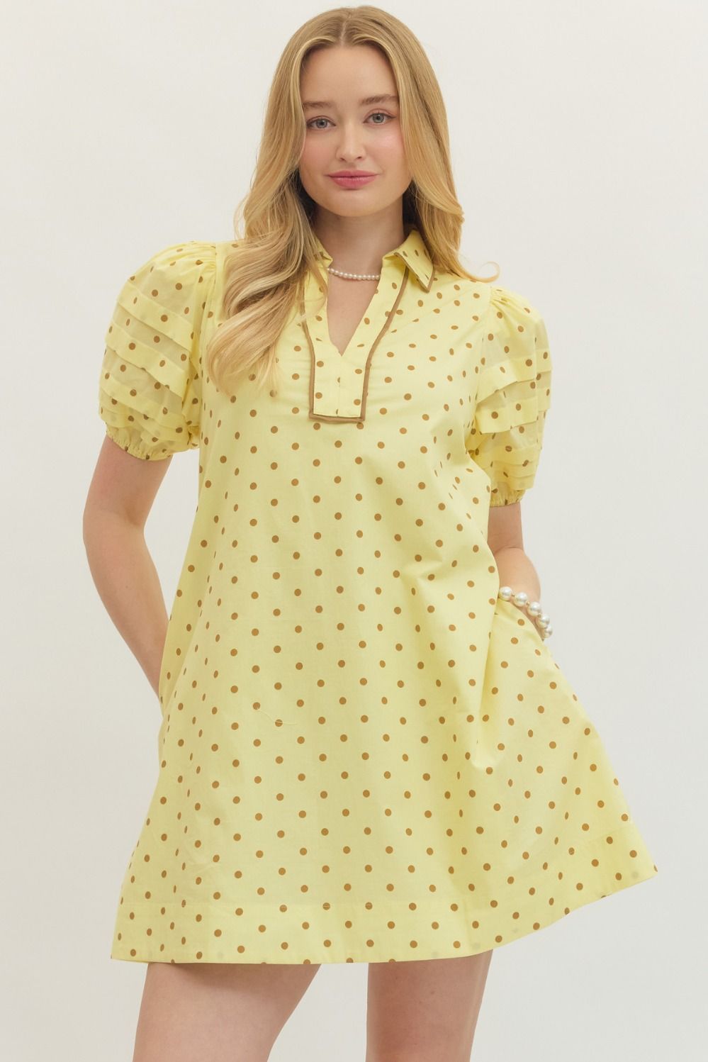 Navy Polka Dot Mini Dress – Puff Sleeve Cotton Dress By Entro
