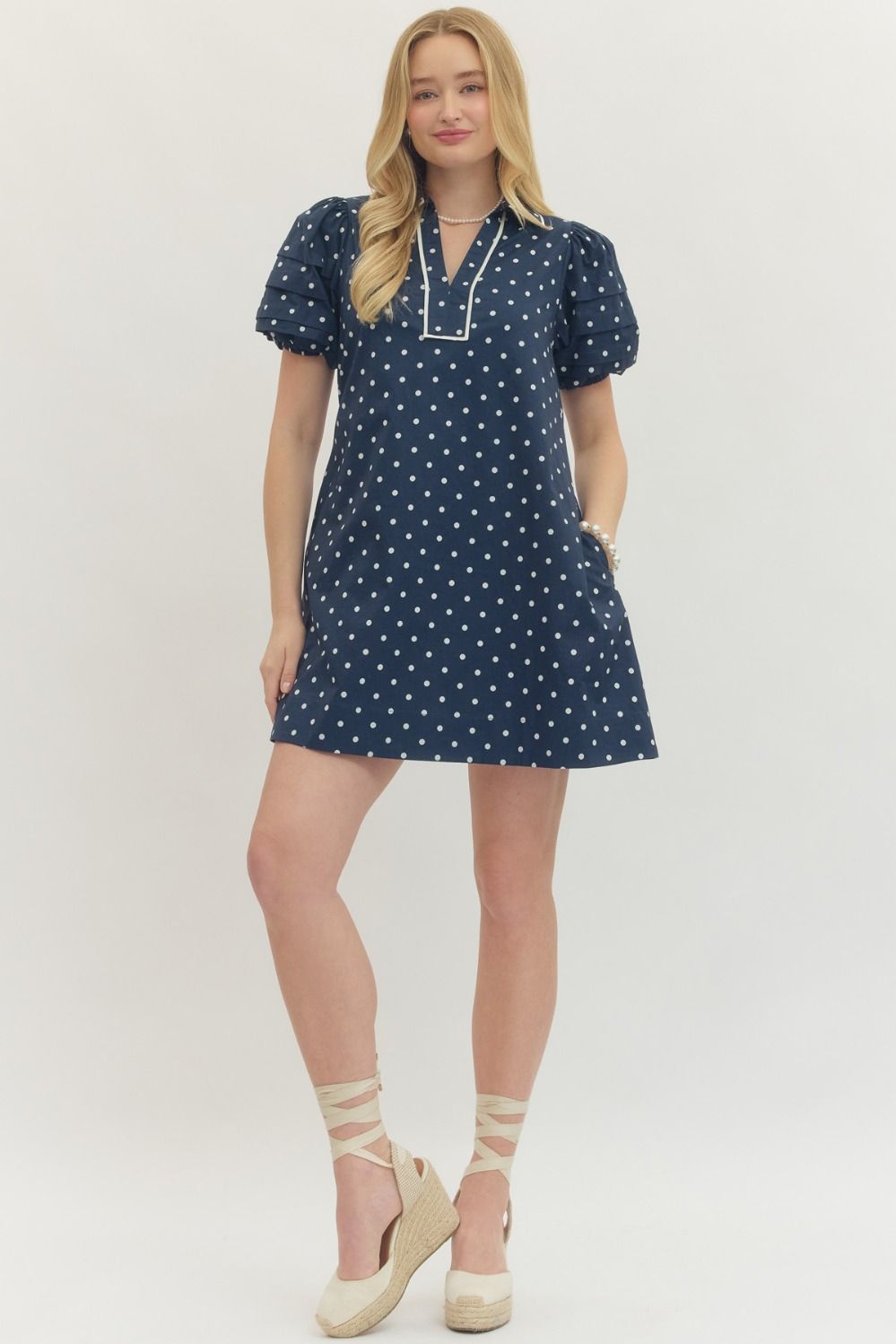 navy polka dot mini dress puff sleeve front view
