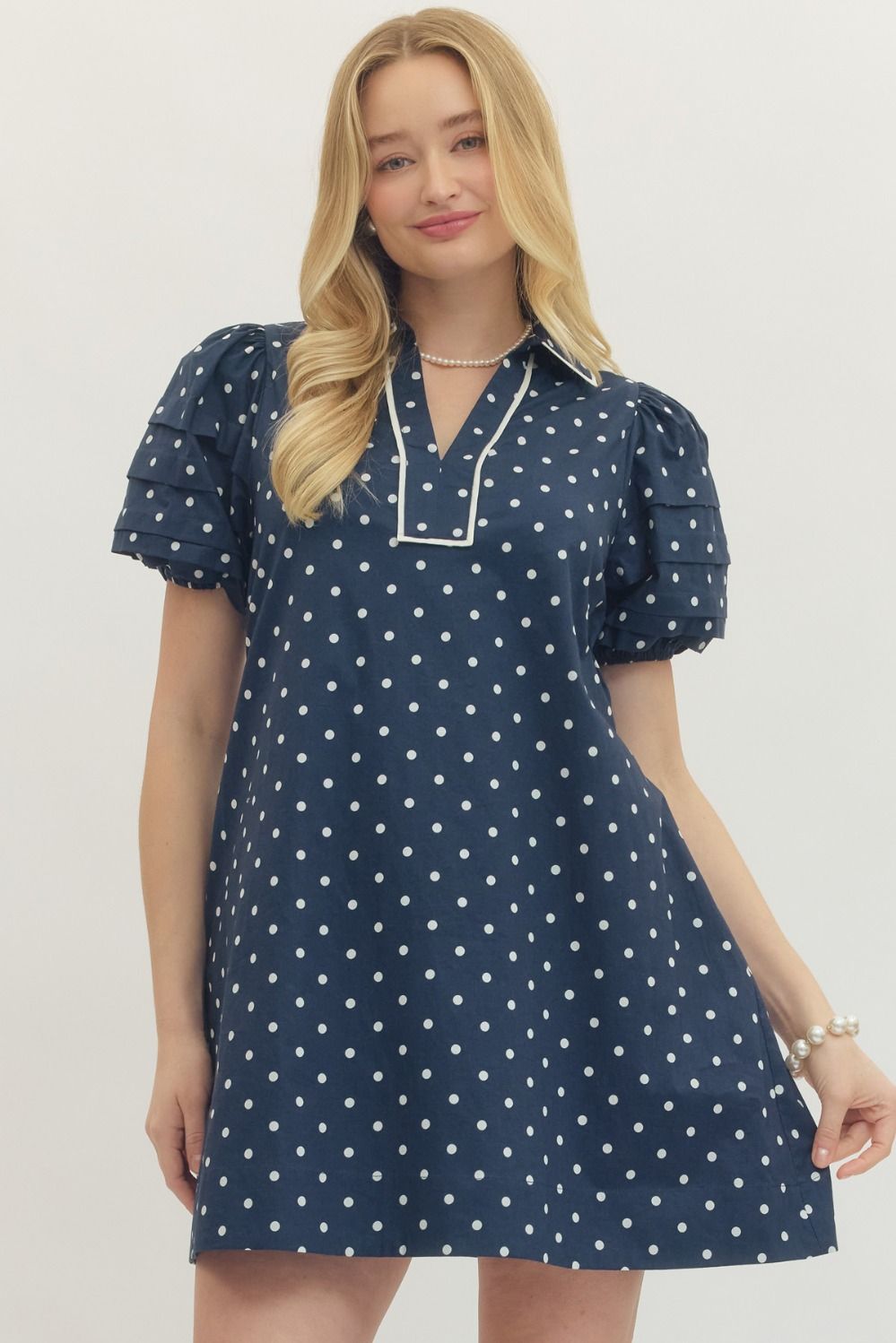 Navy Polka Dot Mini Dress – Puff Sleeve Cotton Dress By Entro