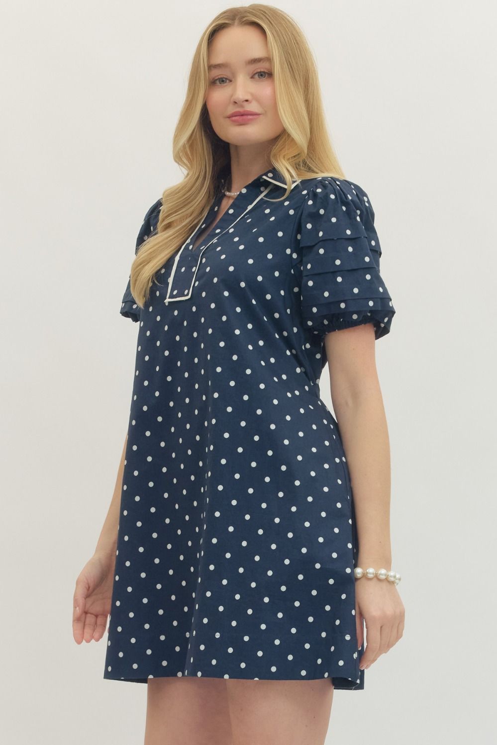 navy cotton mini dress with pockets side view