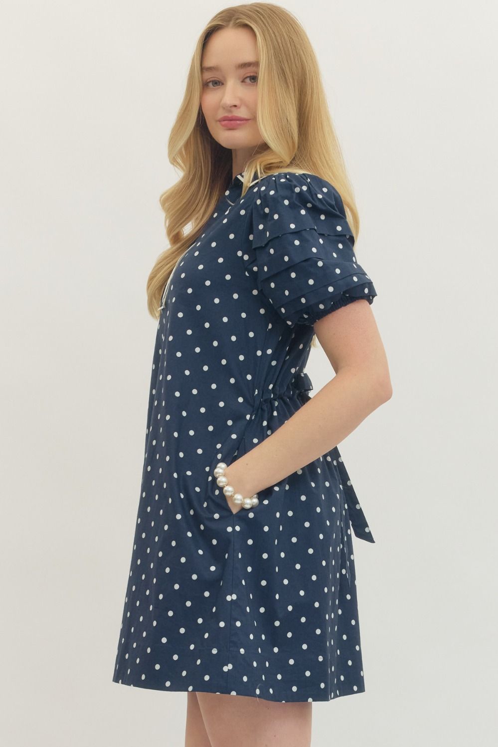 Navy Polka Dot Mini Dress – Puff Sleeve Cotton Dress By Entro
