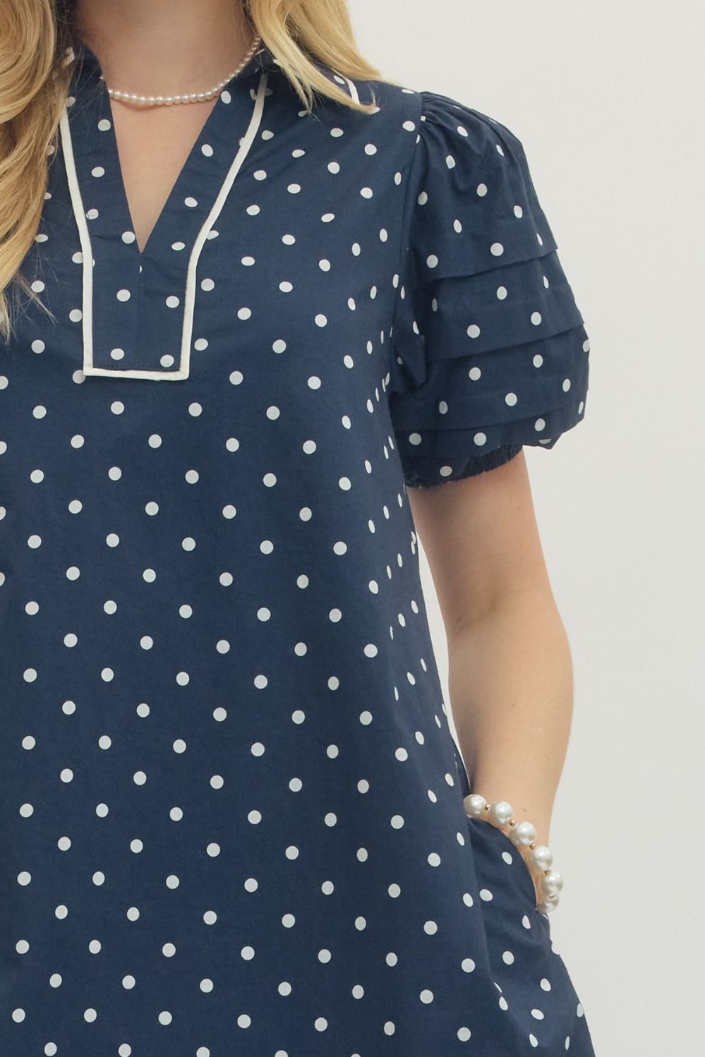 Navy Polka Dot Mini Dress – Puff Sleeve Cotton Dress By Entro