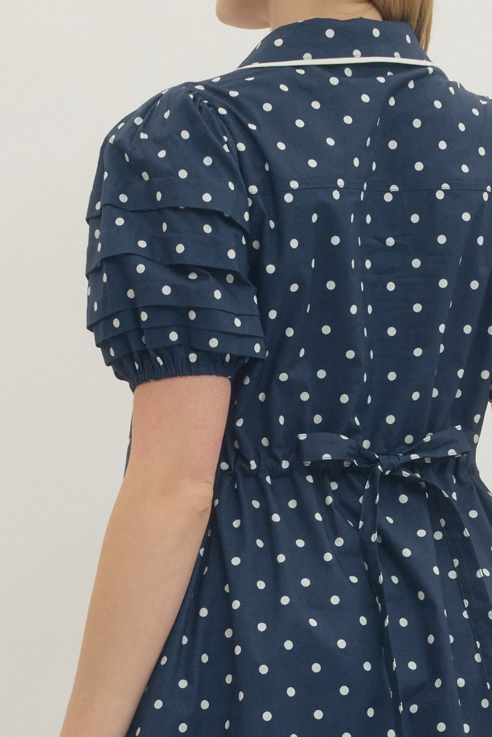 Navy Polka Dot Mini Dress – Puff Sleeve Cotton Dress By Entro