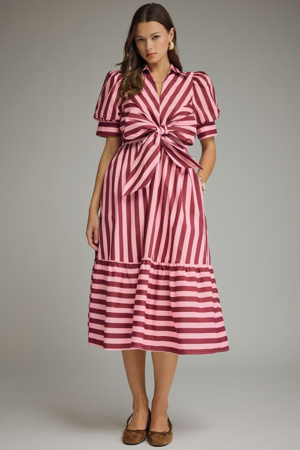 Blushing Bordeaux Striped Bow Midi Dress