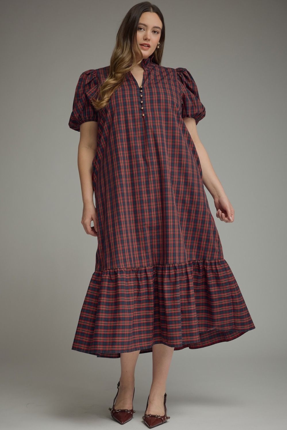 Autumn in Love Plaid Ruffle Midi Dress – Plus Size