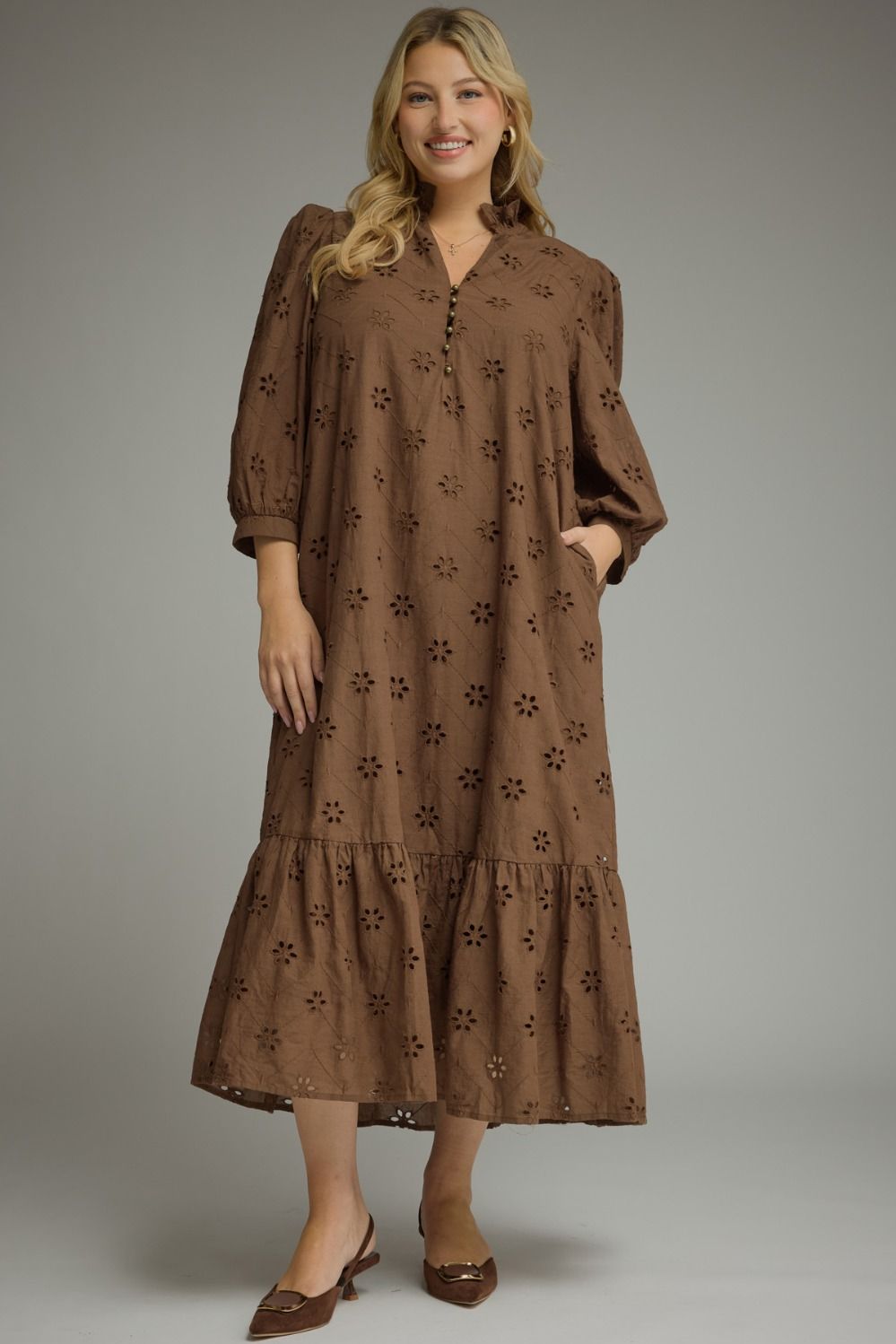 Cocoa Petals Eyelet Midi Dress – Plus Size