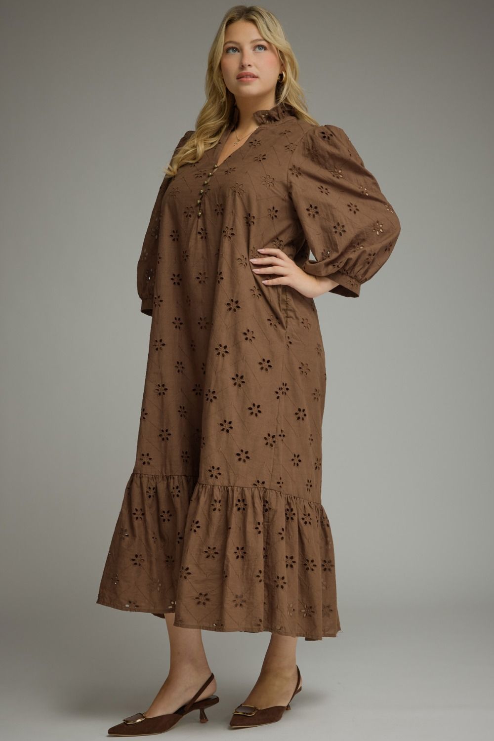 Cocoa Petals Eyelet Midi Dress – Plus Size