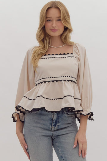 Ivory Babydoll Tiered 3/4 Sleeve Top