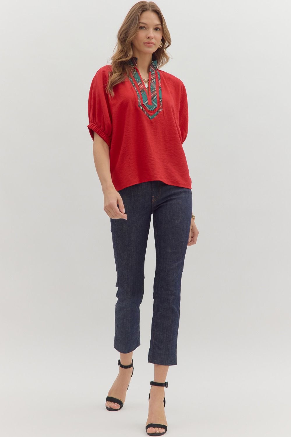 Full Run Solid Dolman Sleeve Plaid Contrast Top By Entro