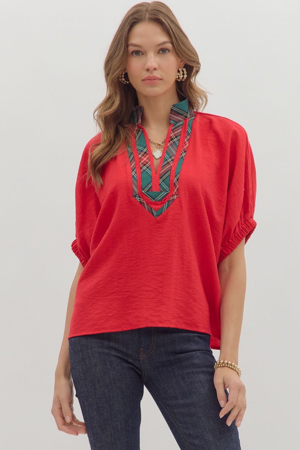 Full Run Solid Dolman Sleeve Plaid Contrast Top By Entro