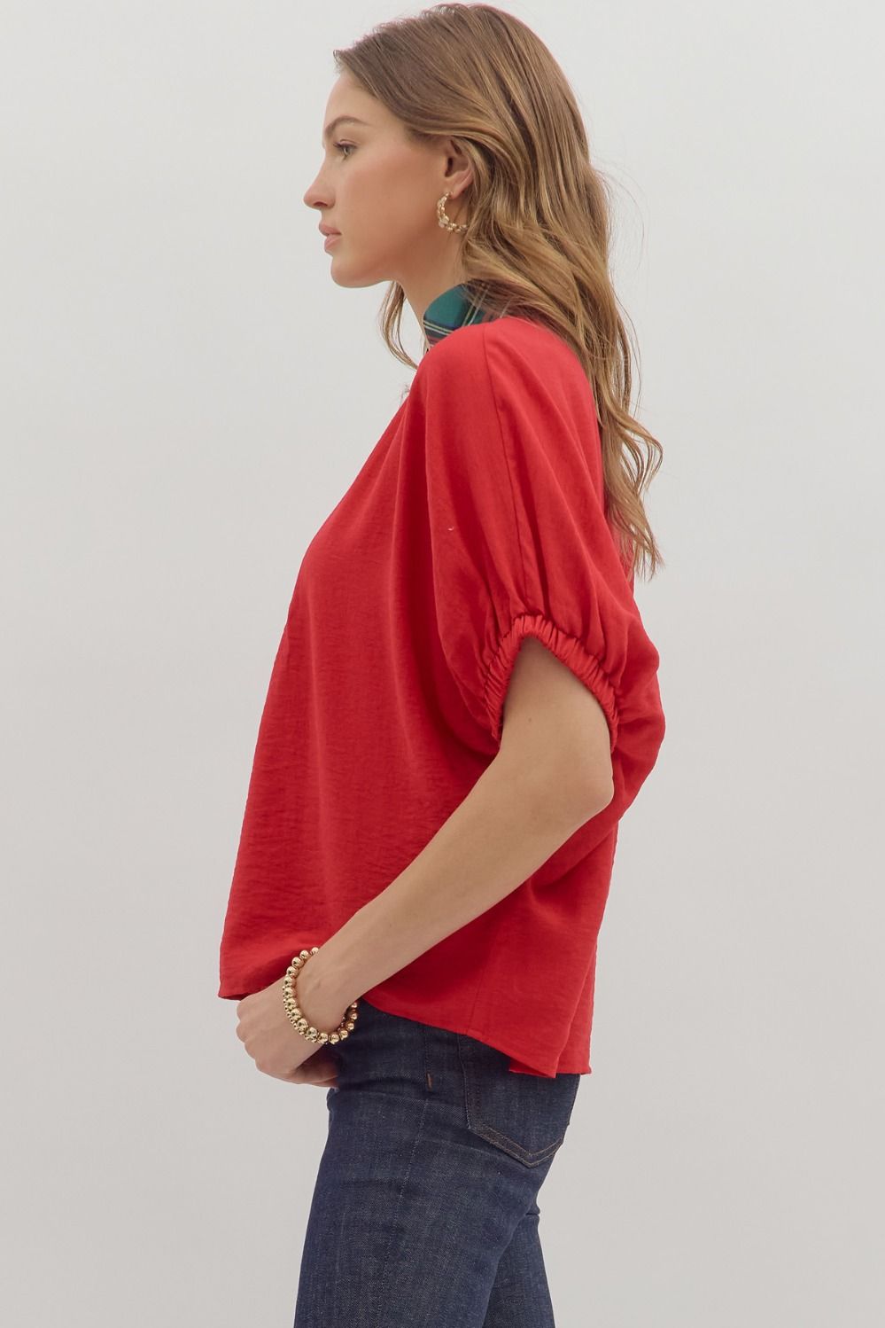 Full Run Solid Dolman Sleeve Plaid Contrast Top By Entro