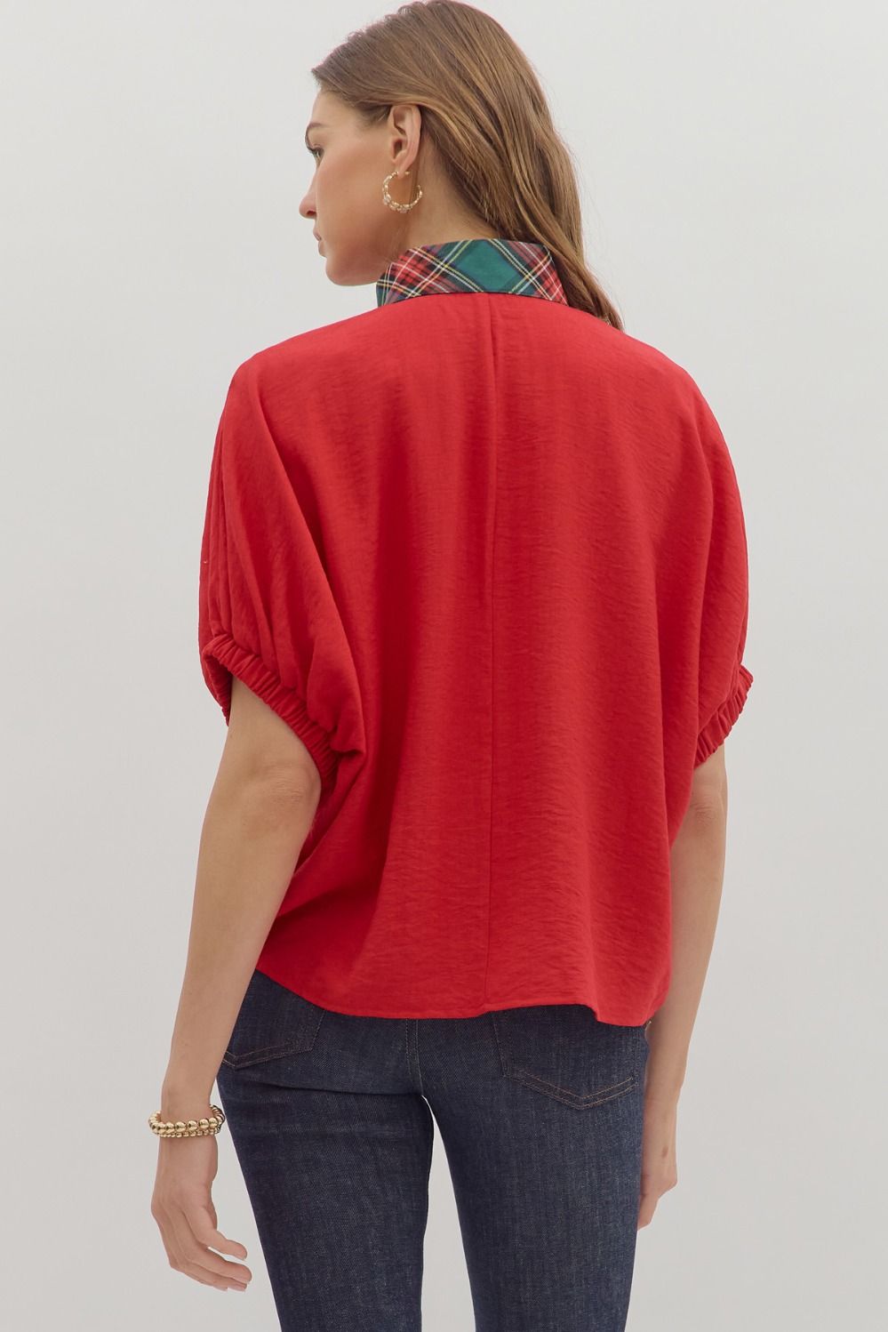 Full Run Solid Dolman Sleeve Plaid Contrast Top By Entro