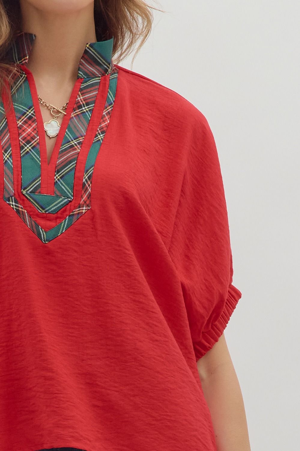Full Run Solid Dolman Sleeve Plaid Contrast Top By Entro
