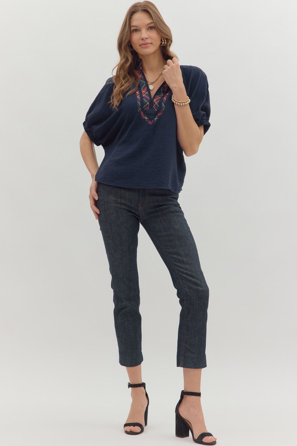 Full Run Solid Dolman Sleeve Plaid Contrast Top By Entro